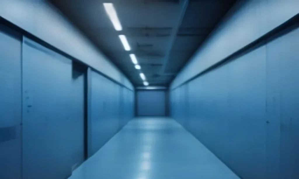 Couloir de salle de serveurs en lumière bleue